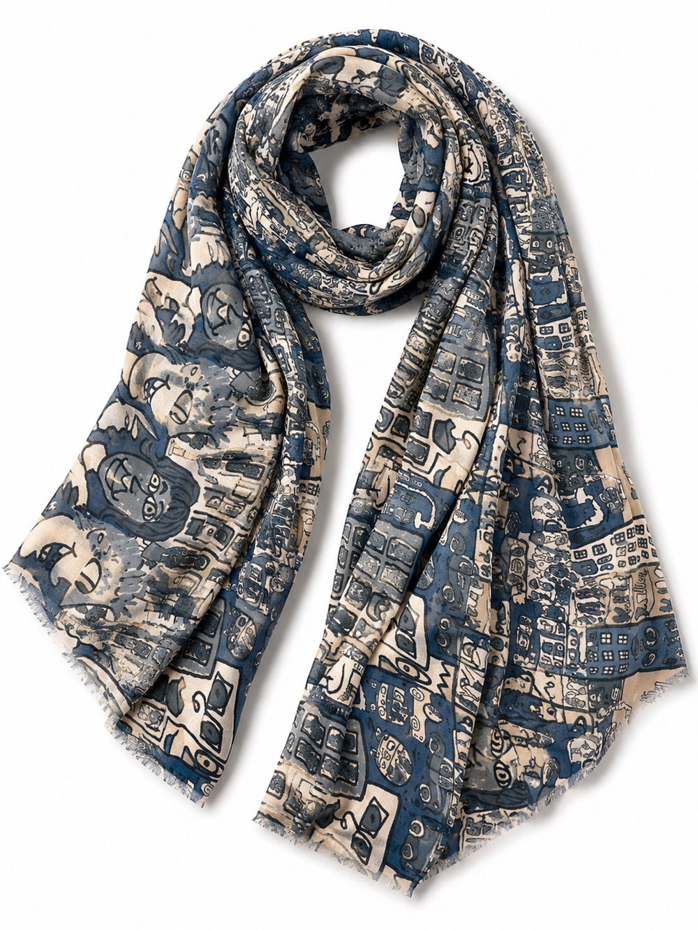 Patterned Blue & Cream Lightweight Scarf